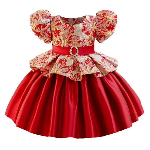 SERTG Little Girls' Party Dress Sheer Paneled Skirt with Back Zipper Short Sleeve Round Neck Princesse Outfit for 6 Months-4 Years(Red,3 Years)