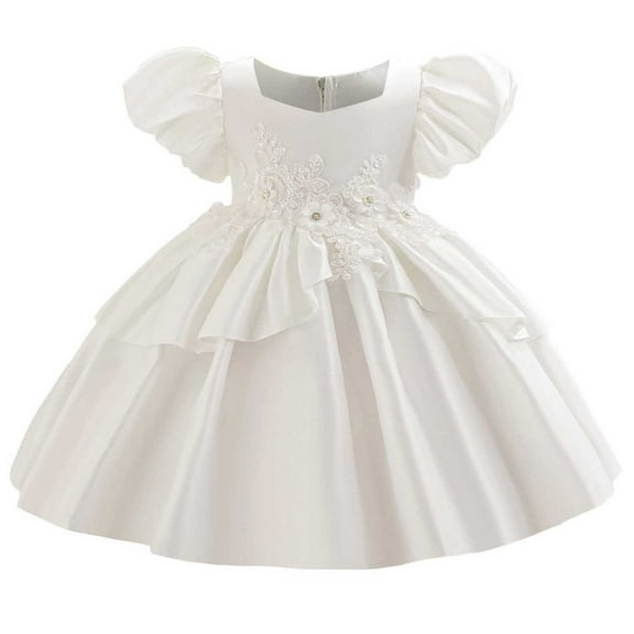 SERTG Little Girls' Party Dress Sheer Paneled Skirt with Back Zipper Short Sleeve Round Neck Princesse Outfit for 6 Months-4 Years(White,12 Months)