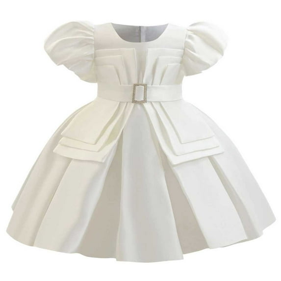 SERTG Little Girls' Party Dress Sheer Paneled Skirt with Back Zipper Short Sleeve Round Neck Princesse Outfit for 6 Months-4 Years(White,18 Months)