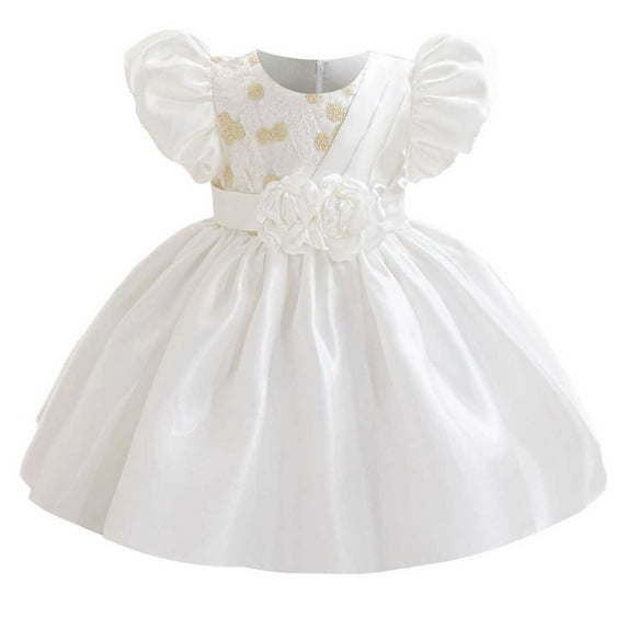 SERTG Little Girls' Party Dress Sheer Paneled Skirt with Back Zipper Short Sleeve Round Neck Princesse Outfit for 6 Months-4 Years(White,2 Years)