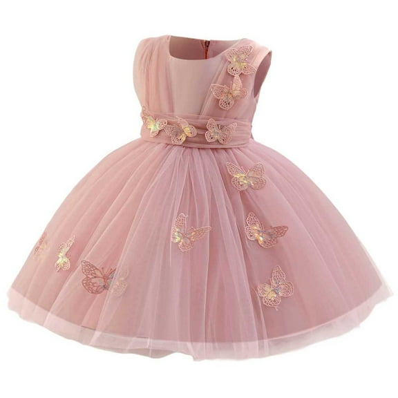 SERTG Little Girls' Party Dress Sheer Paneled Skirt with Back Zipper Sleeveless Round Neck Princesse Outfit for 6 Months-4 Years(Pink,3 Years)