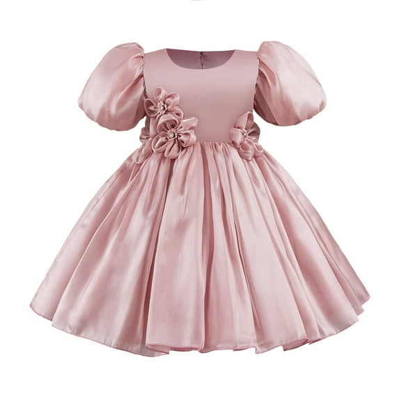 SERTG Little Girls' Puff Sleeve Dress with Back Zipper Party Solid Color Fashionable Playful Princesse Skirt Outfit for 1-9 Years(Hot Pink,6 Years)