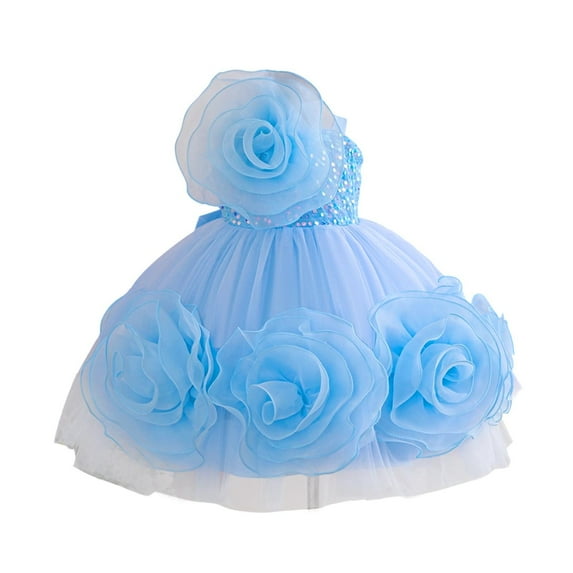 SERTG Little Girls' Solid Color Puffed Short Sleeve Dress with Back Zipper Fashionable Casual Playful Princesse Skirt Outfit for 2-10 Years(Blue,5 Years)