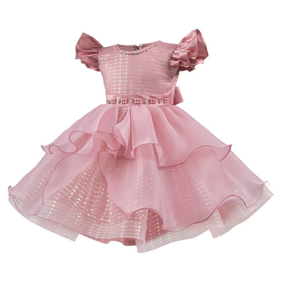 SERTG Little Girls' Solid Color Puffed Short Sleeve Dress with Back Zipper Fashionable Casual Playful Princesse Skirt Outfit for 2-10 Years(Pink,9 Years)