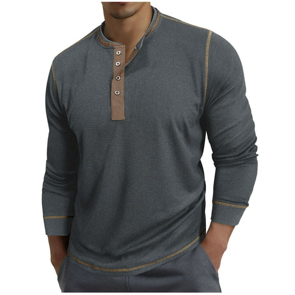 SERTG Men Casual Tops Fashion Half Button Solid Color Breathable Long Sleeve Round Neck Blouses Shirts Spring Fall Thin Tops(Dark Gray,M)
