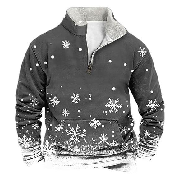 SERTG Men Christmas Gifts Tops Men's Christmas Print Pullover Personality Half Zip Stand Collar Long Sleeve Fashion Casual Top Holiday Hoodless Sweatshirt(Gray,3XL)