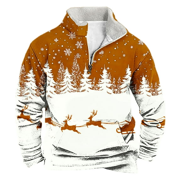 SERTG Men Christmas Gifts Tops Men's Christmas Print Pullover Personality Half Zip Stand Collar Long Sleeve Fashion Casual Top Holiday Hoodless Sweatshirt(Orange,4XL)