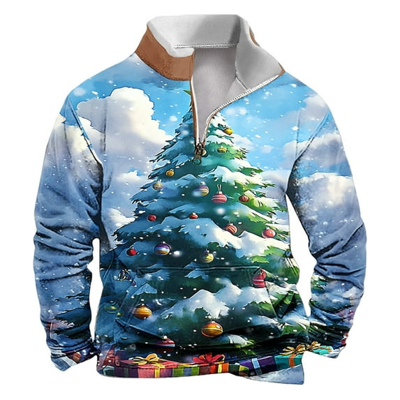 SERTG Men Christmas Hoodless Sweatshirt Men's Christmas Print Pullover Half Zip Stand Collar Long Sleeve Christmas Gifts Holiday Fashion Casual Top(White,L)