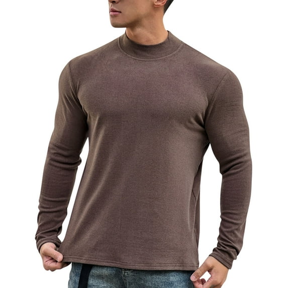 SERTG Men's Blouse Shirts Solid Color Warm Slim Semi High Neck Long Sleeved Base Sports Fitness Top Men Fashion Fall Winter Base Layer Tops(Coffee,3XL)