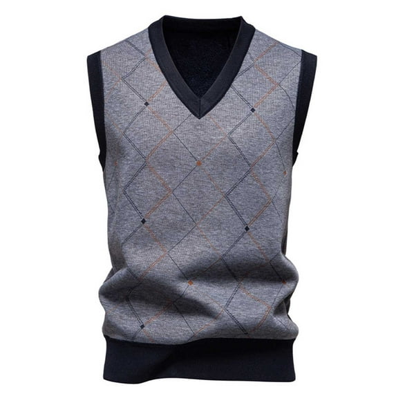 SERTG Men's British Checkered Knit Vest Fall Winter Jacquard V Neck Sleeveless Stretch Fashion Waistcoat Sweaters(Dark Gray,XL)