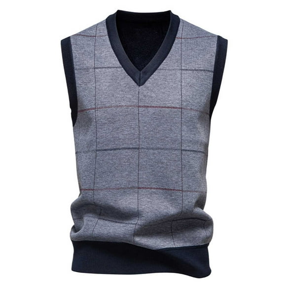 SERTG Men's British Checkered Knit Vest Fall Winter Jacquard V Neck Sleeveless Stretch Fashion Waistcoat Sweaters(Silver,2XL)
