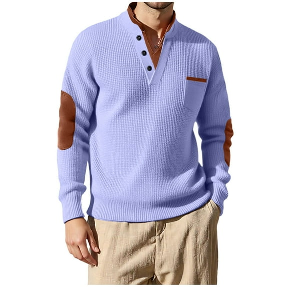 SERTG Men's Button Sweatshirt Tops Fall Winter Casual Long Sleeve Pullover Solid Color Pockets Fashion Knit Top(Purple,XL)