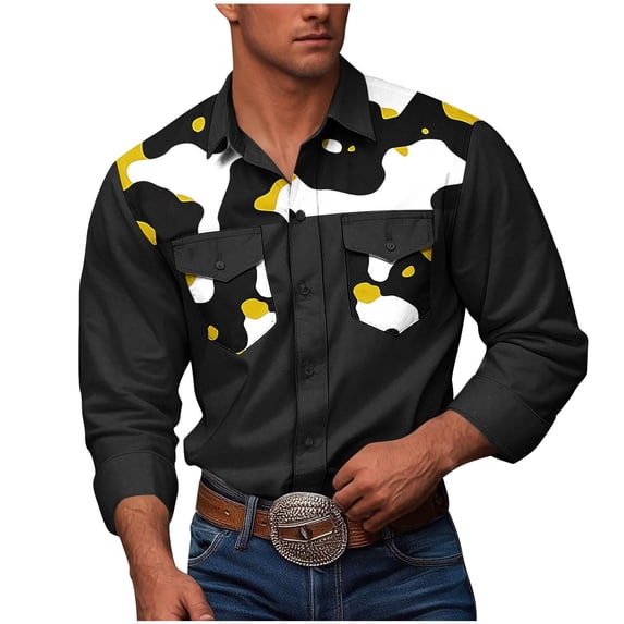 SERTG Men's Camouflage Print Lapel Shirt Fall Winter Long Sleeve Workwear Shirt Button Pockets Casual Shirt(Black,5XL)