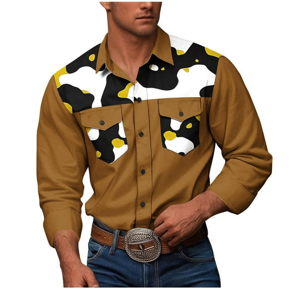 SERTG Men's Camouflage Print Lapel Shirt Fall Winter Long Sleeve Workwear Shirt Button Pockets Casual Shirt(Gold,2XL)