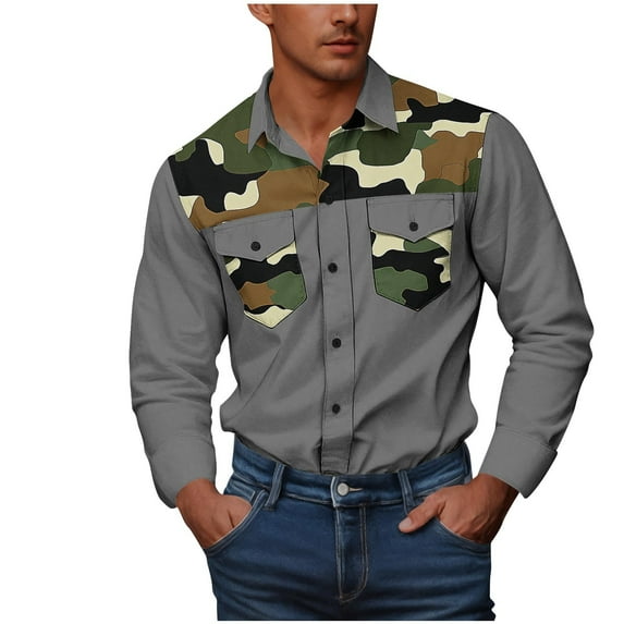 SERTG Men's Camouflage Print Shirt Fall Winter Long Sleeve Button-Down Collar Front Button Double Pockets Breathable Casual Shirt(Gray,5XL)