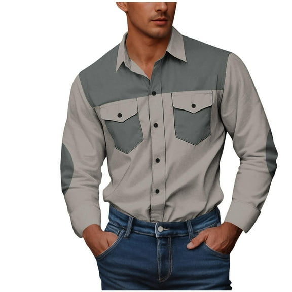 SERTG Men's Camouflage Print Shirt Fall Winter Long Sleeve Button-Down Collar Front Button Double Pockets Breathable Casual Shirt(Gray,L)