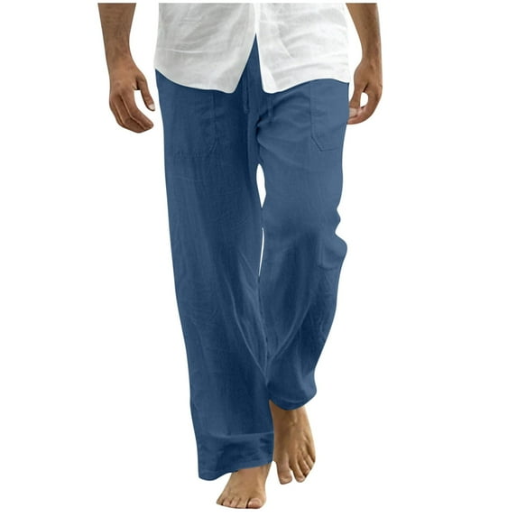 SERTG Men's Casual Pants Drawstring Pants Spring Summer Loose Trousers Straight Leg Beach Soft Fashion Everyday Trousers(Navy,XL)