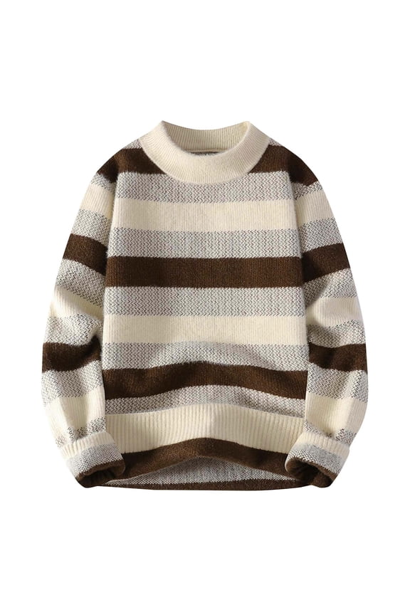 Men's Casual Striped Sweater Fall Winter Color Block Round Neck Sweater Long Sleeve Knitwear Tops Men's Sweaters(Khaki,2XL)