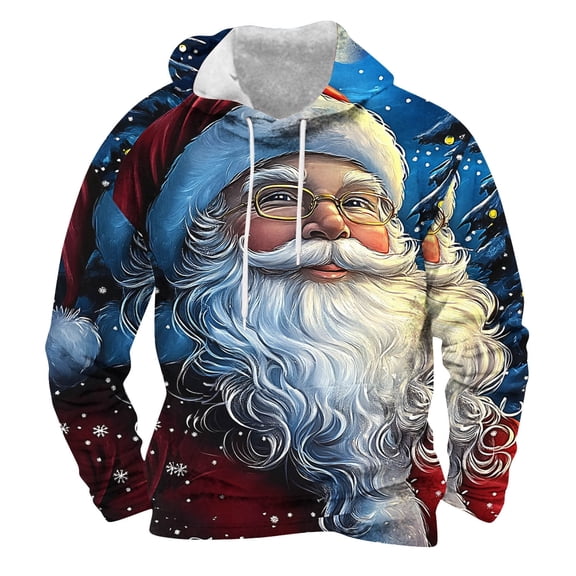 SERTG Men's Christmas Print Hooded Sweatshirt Long Sleeve Fashion Drawstring Front Pockets Stylish Casual Holiday Gifts Men's Christmas Tops(Dark Blue,M)