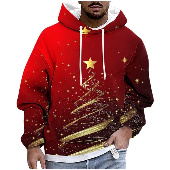 SERTG Men's Christmas Print Hooded Sweatshirt Long Sleeve Fashion Drawstring Front Pockets Stylish Casual Holiday Gifts Men's Tops(Red,2XL)