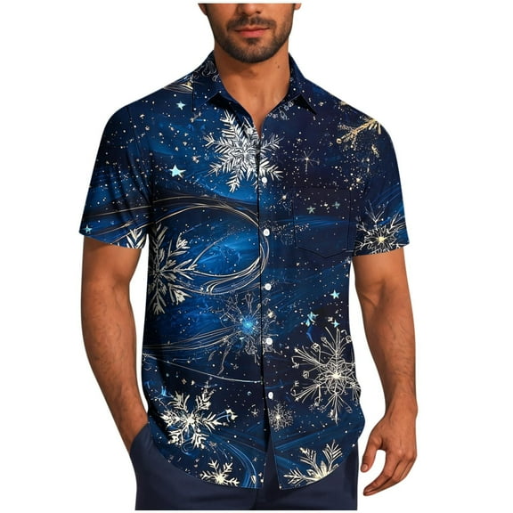 SERTG Men's Christmas Print Short Sleeve Shirt Lapel Collar Button Front Resort Casual Hawaiian Shirt Men Christmas Gifts Tops(Dark Blue,L)