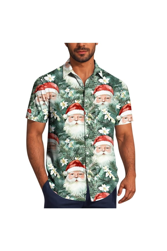 Men's Christmas Print Short Sleeve Shirt Lapel Collar Button Front Resort Casual Hawaiian Shirt Men Christmas Gifts Tops(Mint Green,S)