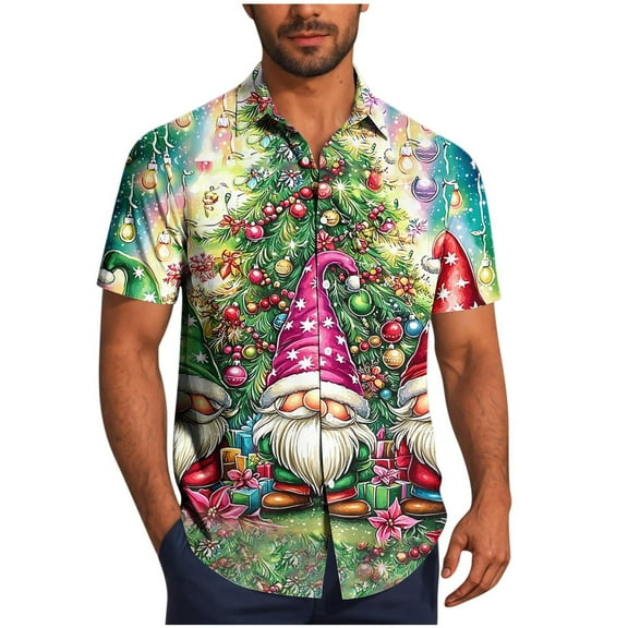 SERTG Men's Christmas Print Short Sleeve Shirt Lapel Collar Button Front Resort Casual Hawaiian Shirt Men Christmas Gifts Tops(Watermelon Red,2XL)