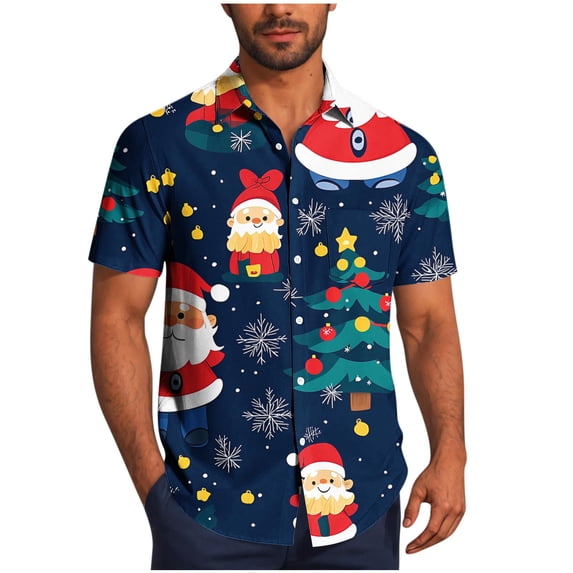 SERTG Men's Christmas Print Short Sleeve Shirt Lapel Collar Button Front Resort Casual Hawaiian Shirt Men Christmas Gifts Tops(Wine,3XL)