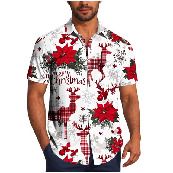 SERTG Men's Christmas Print Short Sleeve Shirt Lapel Collar Button Front Resort Casual Hawaiian Shirt Men Christmas Gifts Tops(Wine,XL)