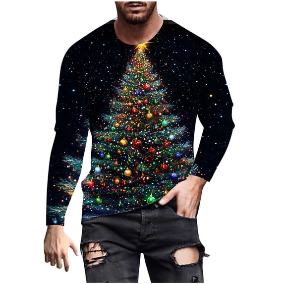 SERTG Men's Christmas Print Sports Shirt Long Sleeve Round Neck Casual Fashion Top Men Blouses Shirts Men's Christmas Tops(Dark Gray,2XL)