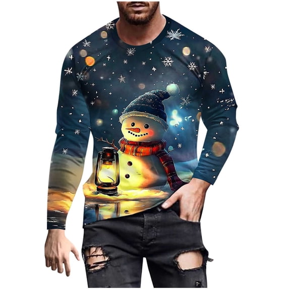 SERTG Men's Christmas Print Sports Shirt Long Sleeve Round Neck Casual Fashion Top Men Blouses Shirts Men's Christmas Tops(Navy,M)