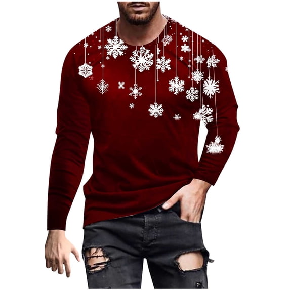 SERTG Men's Christmas Print Sports Shirt Long Sleeve Round Neck Casual Fashion Top Men Blouses Shirts Men's Christmas Tops(Wine,2XL)