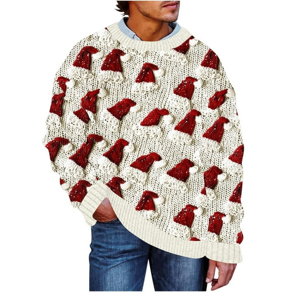 SERTG Men's Christmas Sweater Print Warm Christmas Cardigan Long Sleeve Hoodless Casual Coat Men Christmas Tops(Beige,S)