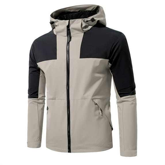 SERTG Men's Color Block Hooded Jacket Fall Casual Full Zip Long Sleeve Lightweight Windbreaker Sports Jackets for Men(Khaki,S)