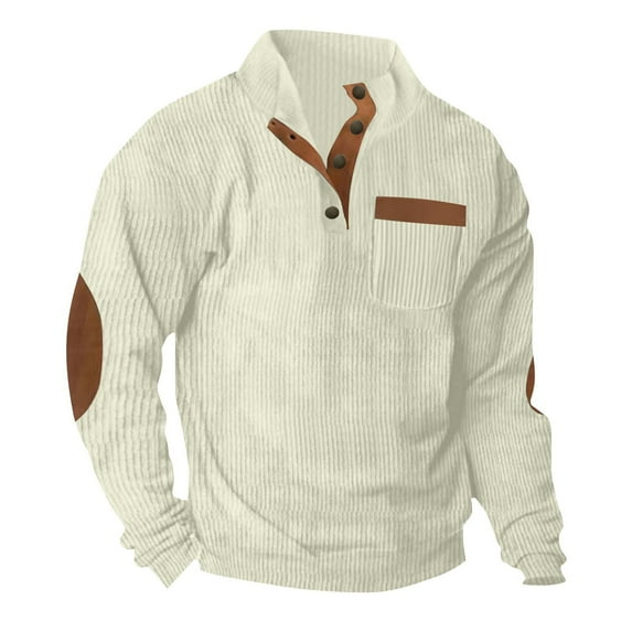 SERTG Men's Corduroy Sport Shirt Fashion Fall Winter Solid Color Stand Collar Button Front Two-Tone Double with Pockets Casual Top(White,M)