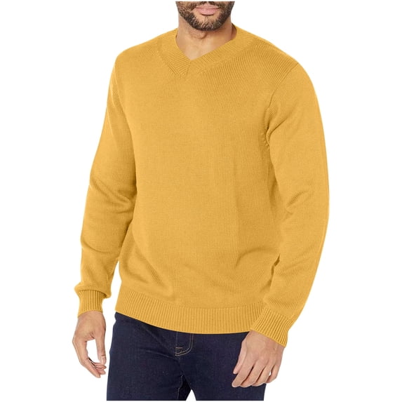 SERTG Men's Fall Winter Sweater Casual Fashion Solid Color Tops Long Sleeved Round Neck Sweater Base Layer Casual Pullover Tops(Gold,2XL)
