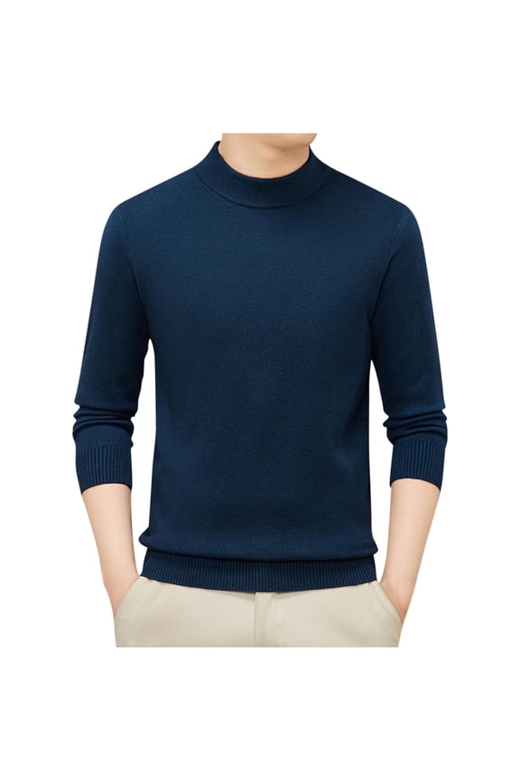 Men's Fashion High Neck Sweater Fall Winter Casual Solid Color Thermal Warm Knitted Pullover Top Men's Sweaters(Blue,XL)