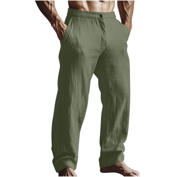 SERTG Men's Fashion Pants Solid Color Casual Pants Men's Spring Fall Button Pants Loose Linen Cotton Sports Elastic Trousers(Army Green,XL)