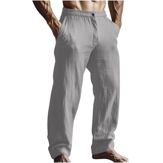 SERTG Men's Fashion Pants Solid Color Casual Pants Men's Spring Fall Button Pants Loose Linen Cotton Sports Elastic Trousers(Gray,2XL)