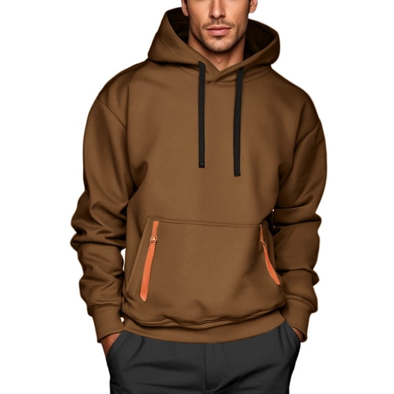 SERTG Men's Fashion Solid Color Pullover Fall Winter Stand Collar Tops Long Sleeve Soft Multiple Pockets Casual Shirt Top(Brown,2XL)