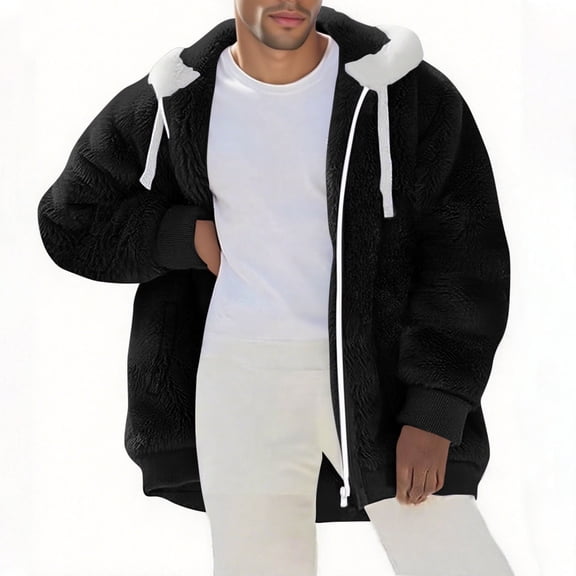 SERTG Men's Fashion Zip Hooded Jacket Fall Winter Double Sided Fleece Plush Tops Warm Soft Hooded Loose Soft Casual Outerwear Top(Black,2XL)
