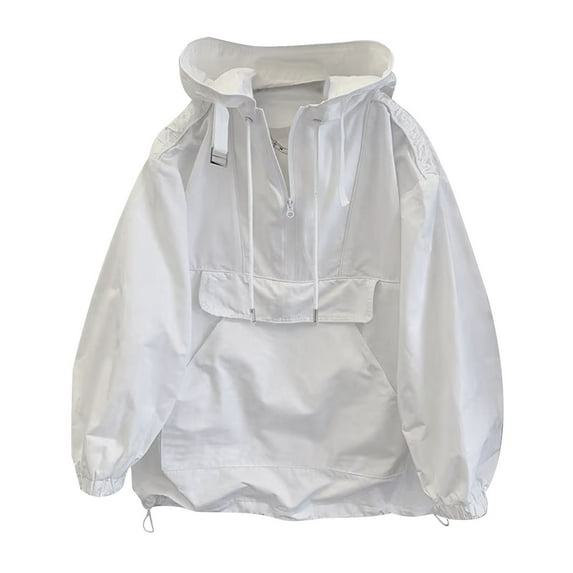SERTG Men's Half Zip Hooded Jacket Outdoor Solid Color Workwear Casual Windbreaker Men Fall Winter Jackets for Men(White,XL)
