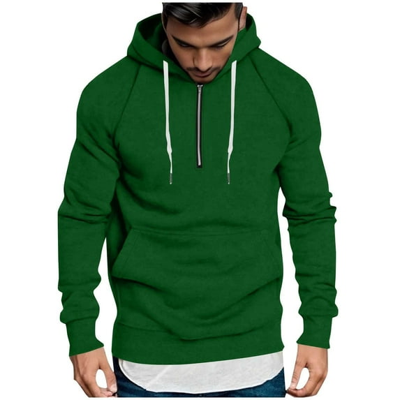 SERTG Men's Half Zip Sports Hooded Pullover Solid Color Fall Winter Soft Long Sleeve with Drawstring Tops Pockets Outerwear Casual Hooded(Green,M)