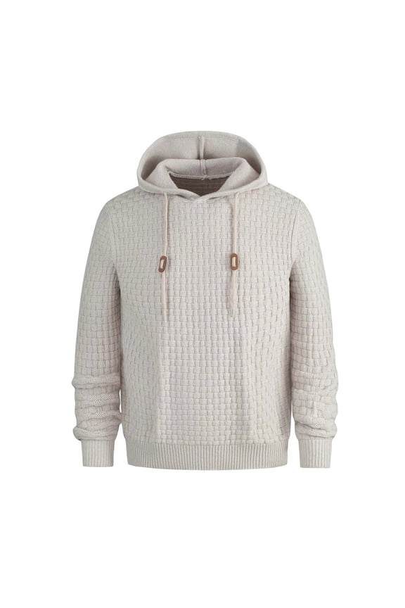 Men's Hooded Sweater Solid Color Pullover Long Sleeved Sweater with Drawstring Fashion Casual Base Men's Knit Sweater Long Sleeved Hooded Top(Khaki,S)