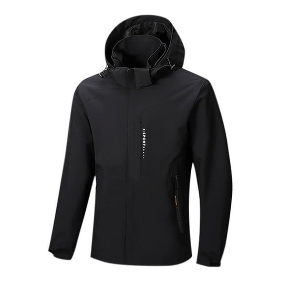 SERTG Men's Jacket Hooded Windbreaker Fall Winter Waterproof Color Block Detachable Hat Drawstring Pockets Top Long Sleeve Stylish Outerwear Jackets for Men(Black,L)