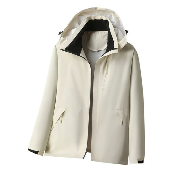 SERTG Men's Jacket Solid Color Hooded Fall Winter Waterproof Windproof Long Sleeve Front Zipper Pockets Outdoor Sports Activewear for Men(White,M)