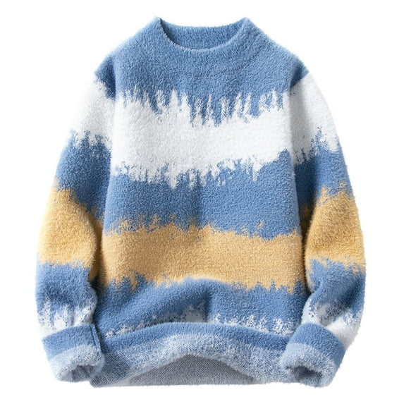 SERTG Men's Jacquard Knit Sweater Fall Winter Plush Thickened Round Neck Long Sleeve Printed Tassel Details Casual Pullover Top(Blue,2XL)