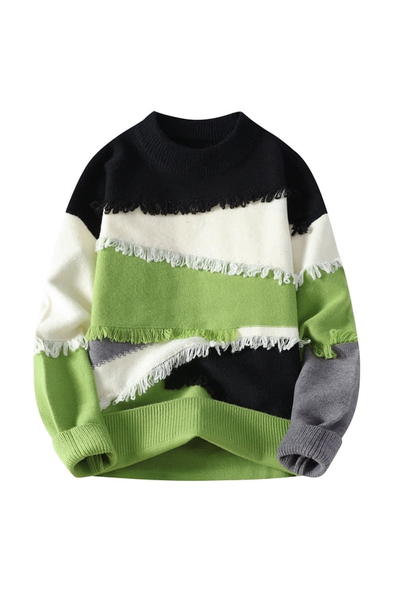 Men's Jacquard Knit Sweater Fall Winter Plush Thickened Round Neck Long Sleeve Printed Tassel Details Casual Pullover Top(Green,L)