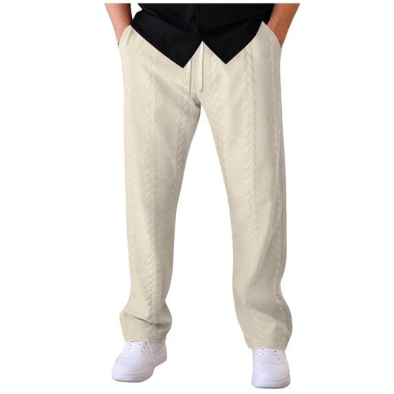 SERTG Men's Jacquard Pants Men's Fall Winter Pants Solid Color Loose Soft Pants with Drawstring Fashion Casual Trousers(Khaki,S)