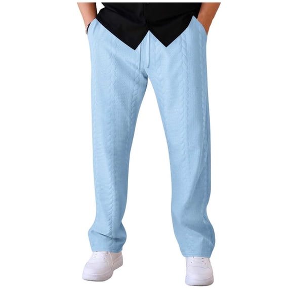 SERTG Men's Jacquard Pants Men's Fall Winter Pants Solid Color Loose Soft Pants with Drawstring Fashion Casual Trousers(Sky Blue,2XL)